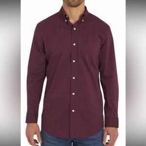 Chaps Men's Deep Red Checkered Button Down Shirt. EASY CARE